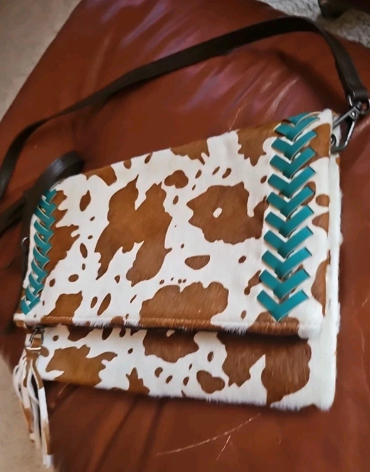 LUCKY & BLESSED PURSE ANIMAL FUR BROWN OFF WHITE TASSEL TURQUOISE LEATHER TRIM - Image 3 of 4