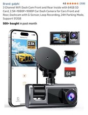 3 Channel WiFi Dash Cam Front and Rear Inside with 64GB SD Card, 2.5K 1080P 1080