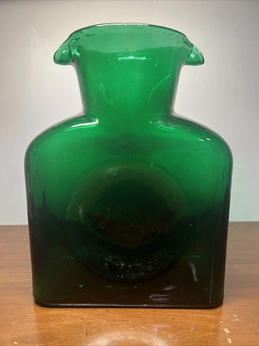 BLENKO Hand Blown Glass VINTAGE Emerald Green Double Spout DECANTER VASE