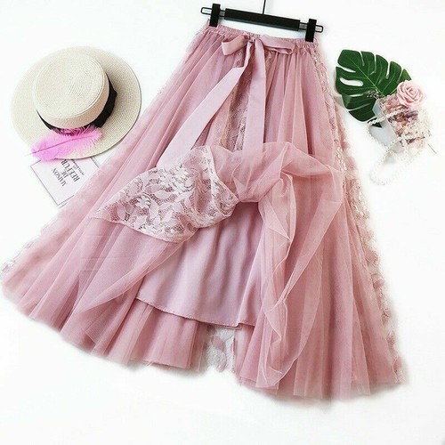Damen Lolita Netz Rock Tüll Spitze Plissiert Midi Kleid A-Linien Hohe Taille - Bild 10 von 15