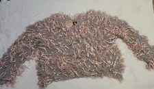 On Twelfth  Size S Gray Pink White Shaggy Fringe Sweater NWT