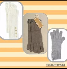 NWT MICHAEL KORS Knit GLOVES Gray WINTER SNOW Silver Gold BUTTONS Cream One Size