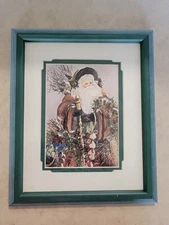 Vtg Print Santa Picture Under Glass Wood Frame 11.5 X 9.5" EUC
