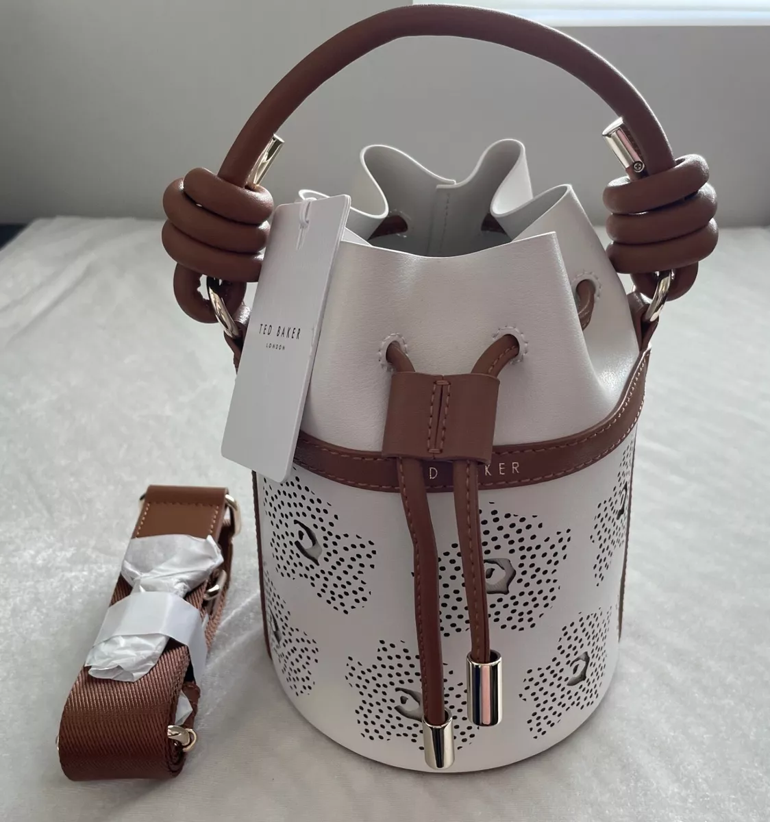 NWT Ted Baker Women Ivory Tyahla Bovine Leather Floral Laser Cut Bucket Bag  $295