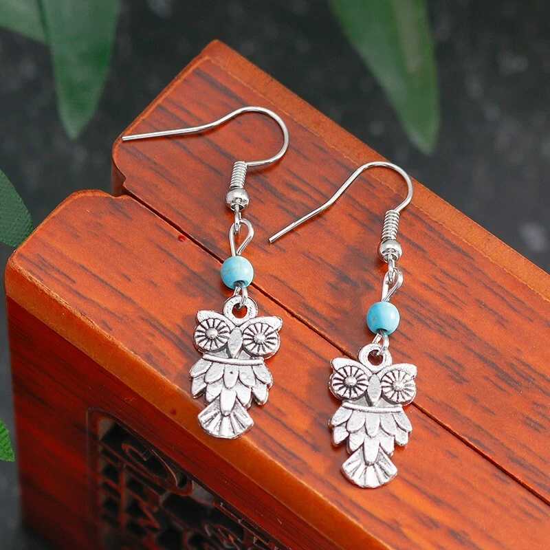 Women Bohemian Retro Earrings Ancient Silver Carved Cast Owl Birds Tassel 0561 - Image 3 of 4