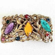 Vintage Multicolor Jeweled Cabochon Rhinestone Gold Tone Floral Leaves Hair Clip