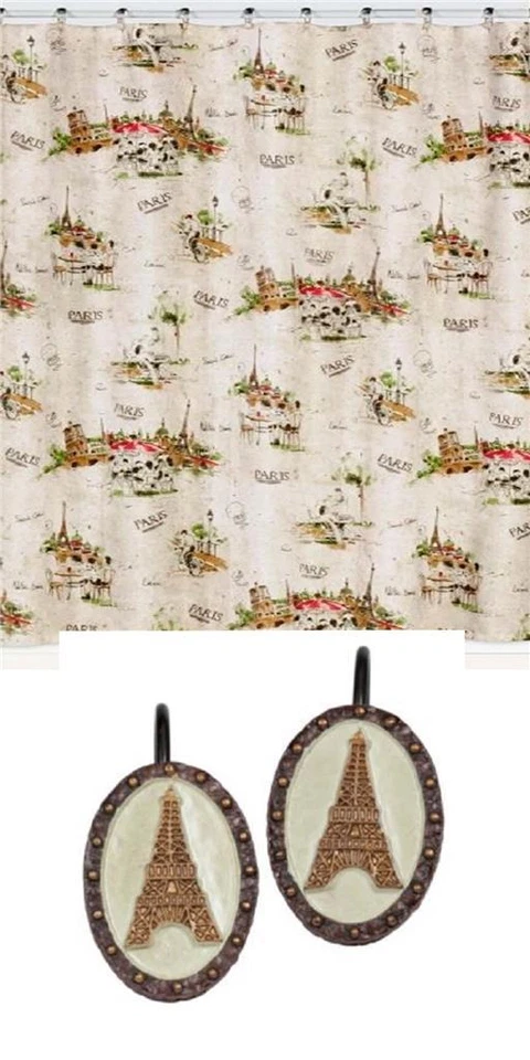 I LOVE PARIS Eiffel Tower Script Shower Curtain & Hooks NIP Creative Bath DISC - Image 1 of 1