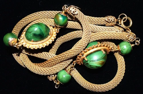 Vintage Miriam Haskell Signed Necklace Faux Green Stone Russian Gold Plate Mesh