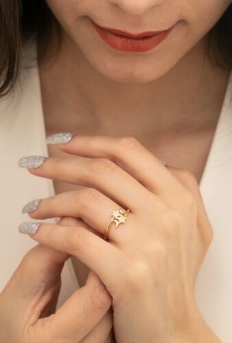 14K Solid Gold Moon And Star Ring, Moon Star Jewelry, Handmade Ring - Picture 2 of 9