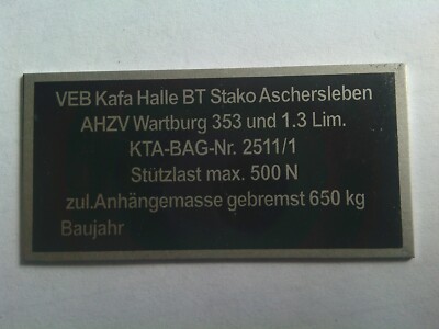 Type Plate Towbar AZV S94 Trailer Hitch Wartburg 353 1.3 S100 VEB Kafa Halle