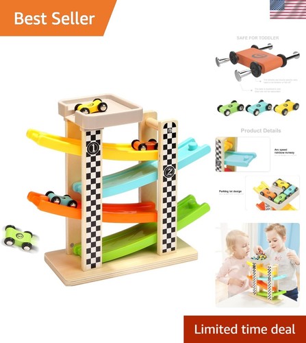Wooden Toddler Race Track with 4 Cars – Safe Ramp Racer Gift for 1-2 Year Olds