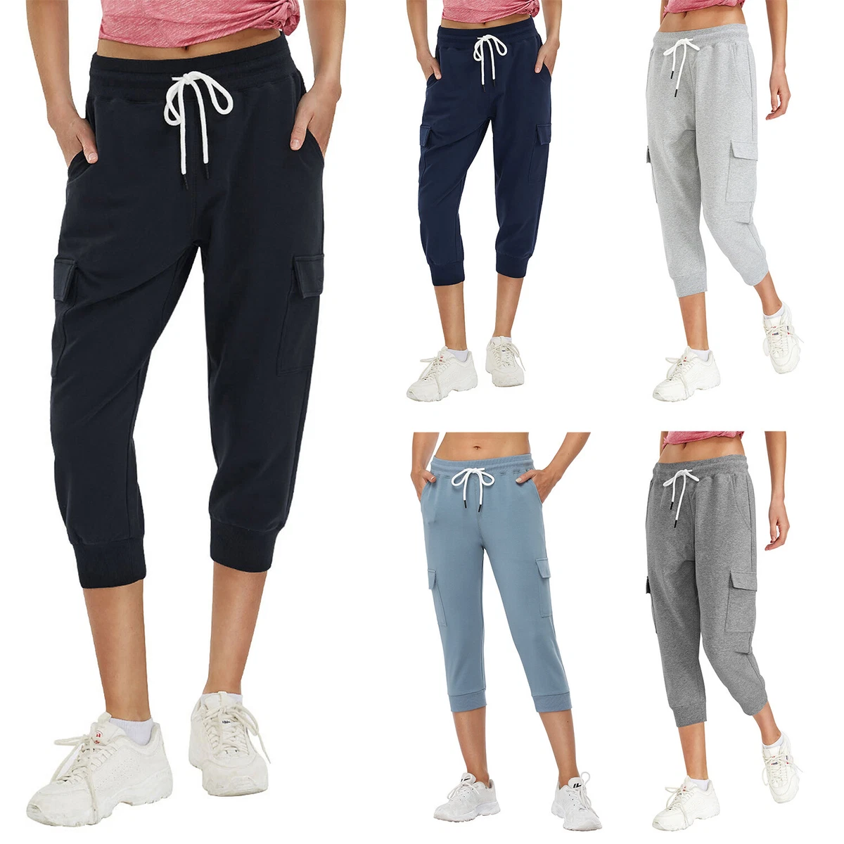 Women Capri Cargo Pants Multi Pockets Cropped Joggers Stretch Workout  Sweatpants