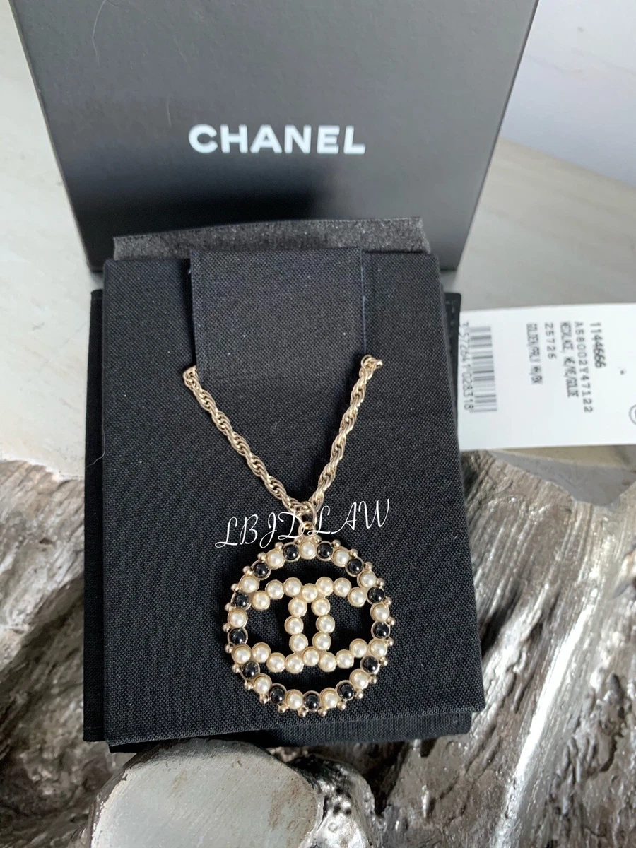 CHANEL 18P Long Pearl Pendant Necklace Black White CC Gold Choker NWT  11”-17”