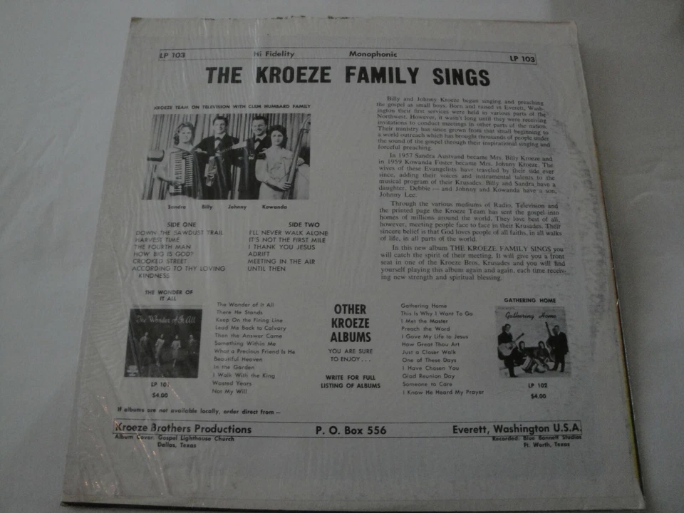 "THE KROEZE FAMILY SINGS” - Kroeze Brothers Productions Vinyl Lp - Image 2 of 2