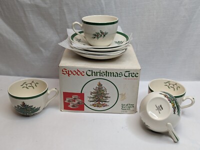 4x Spode Christmas Tree Tea Cup & Saucer Set (8 Pc), w/Box, EUC