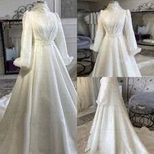 Muslim White Wedding Dresses High Neck Long Sleeved Satin Pearls Bridal Gowns