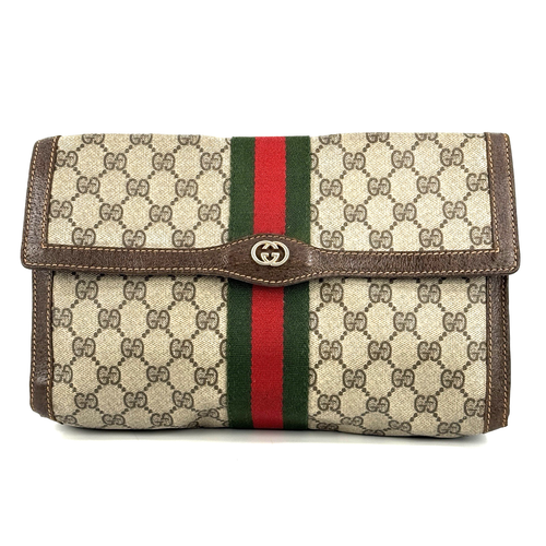 Gucci Vintage Sherry Line Clutch Bag Purse Brown PVC Leather Authentic