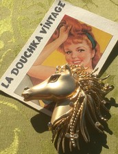 FRENCH 1950s GOLD TONE HORSE BROOCH & RHINESTONES MANE~RENE BOIVIN STYLE~UNIQUE