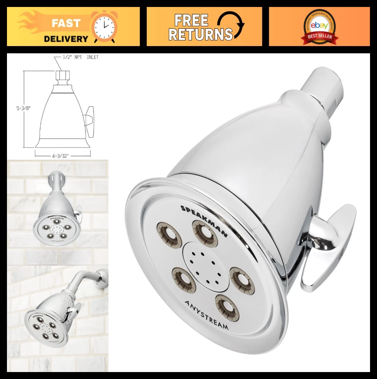 Polished Chrome Adjustable Shower Head - 2.0 GPM Anystream for Luxury Spa Experi