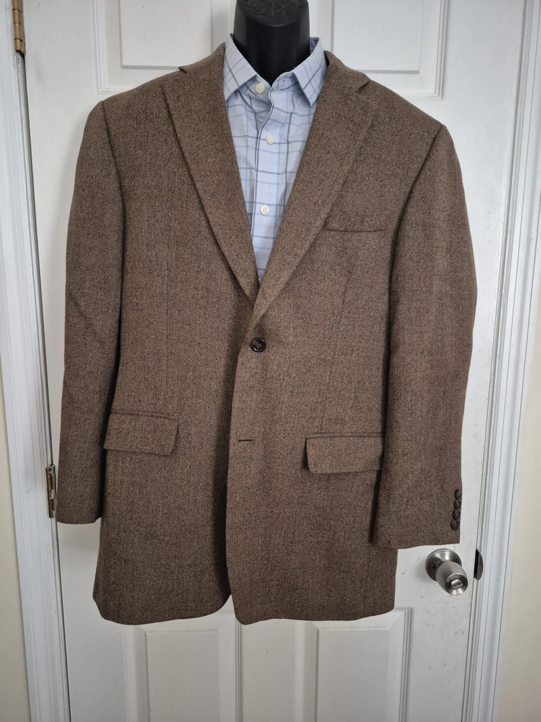 Haggar Men Brown Herringbone Lambs Wool Tweed Blazer Jacket Size 42L