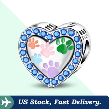 KUNSIR 925 Sterling Silver AAA CZ Paw Prints Heart Charm For Bracelet Pet Charm