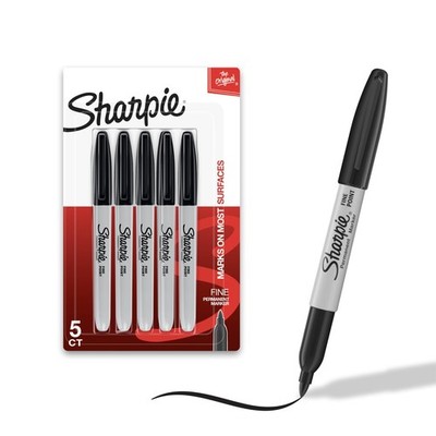 Sharpie Permanent Markers, Fine Tip, Black, 5 Count - Quick Drying, Fade Resista