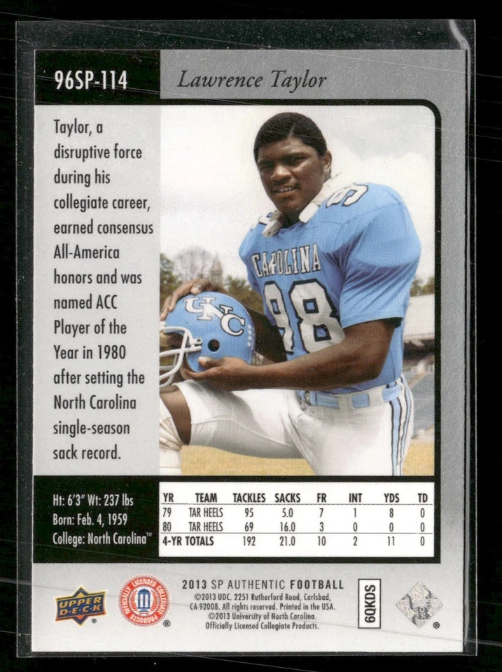 2013 SP Authentic #96SP-114 Lawrence Taylor 1996 SP - Image 2 of 2