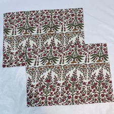 Set of 2 Pottery Barn Autumn Floral Linen Cotton Placemats 14x20 Green Red Cream