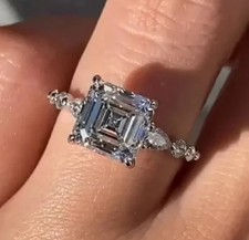 White Moissanite 3.40 Ct Asscher Cut Prong Engagement Ring 925 Sterling Silver