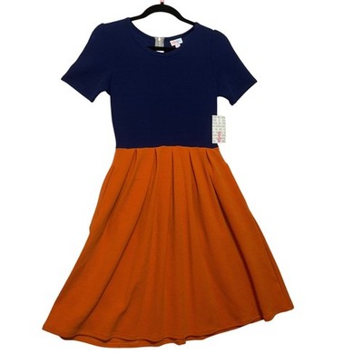 Lularoe Navy Blue Orange Short Sleeve Fit and Flare Dress Size Small