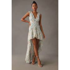 NWT Mac Duggal Blue Multi Floral Print Ruched High Low Gown Size 8 $398