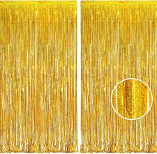 Gold Foil Fringe Curtains - 2Pcs 3.2x8.2ft Tinsel Photo Backdrop for