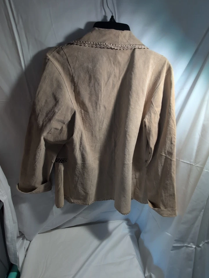 Chaqueta de Cuero Ciervo Blanco Para Mujer L Gamuza Tostada Boho Crochet Ribete Western Foto 3 de 3