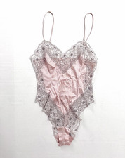 Hickory Pink Floral Lace Trim Spaghetti Strap Teddy Vintage 70  s Coquette
