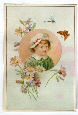 Glanzbilder Oblaten  Litho Kind Blumen Schmetterling Libelle Karte 11,8 cm