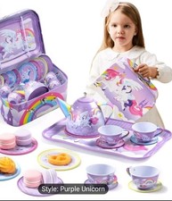Unicorn Princess Tea Party Set For Little Girls Purple, Tin Teapot, Cups, Plates