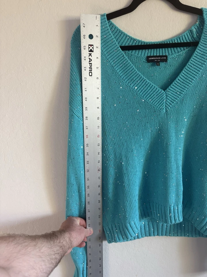 Generation Love Womens Long Sleeve Knit V Neck Sweater Teal Blue Medium - Image 2 of 4