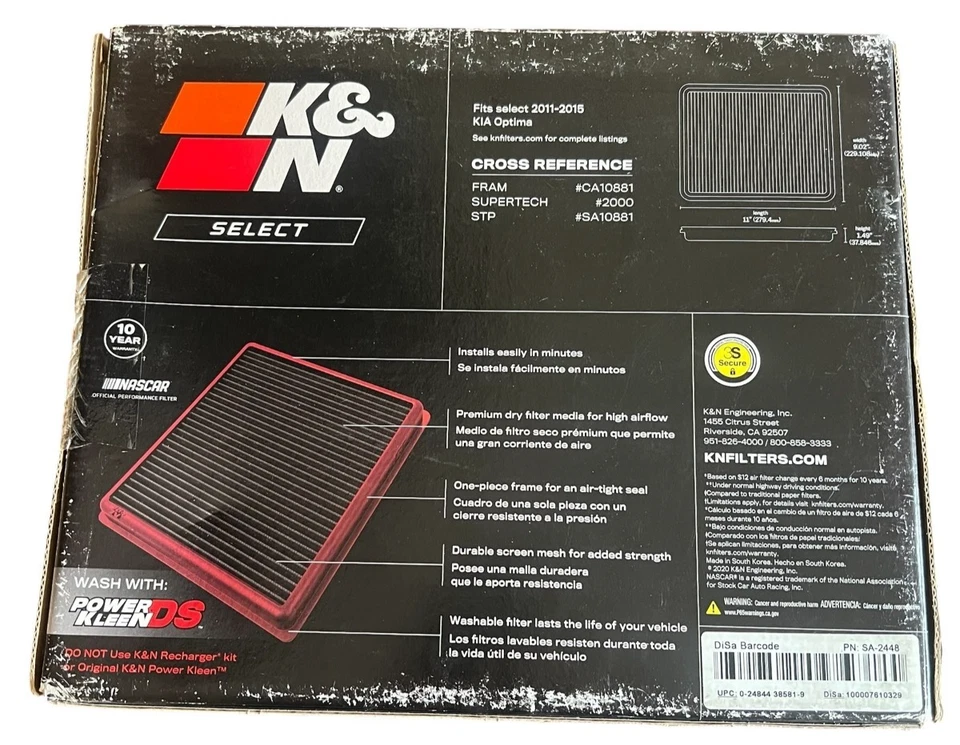 Filtro de aire lavable K&N SA 2448 Kia Optima 2011-2015 filtro de aire motor nuevo Foto 2 de 4