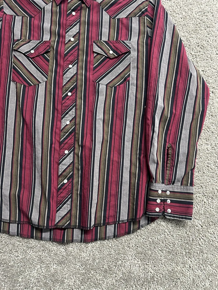 VTG Wrangler Pearl Snap Cowboy Shirt Men’s 23.5x32 Red Blue Stripe Rodeo Western - Image 3 of 4