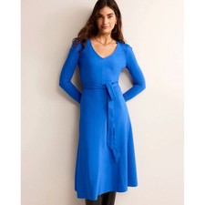 Boden Blue V-Neck Long Sleeve Tie Waist Midi Dress Womens US 6R UK 10R