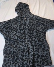 Womens Sherpa Fleece Cardigan Open Front Hooded L Black and Gray Leopard Print