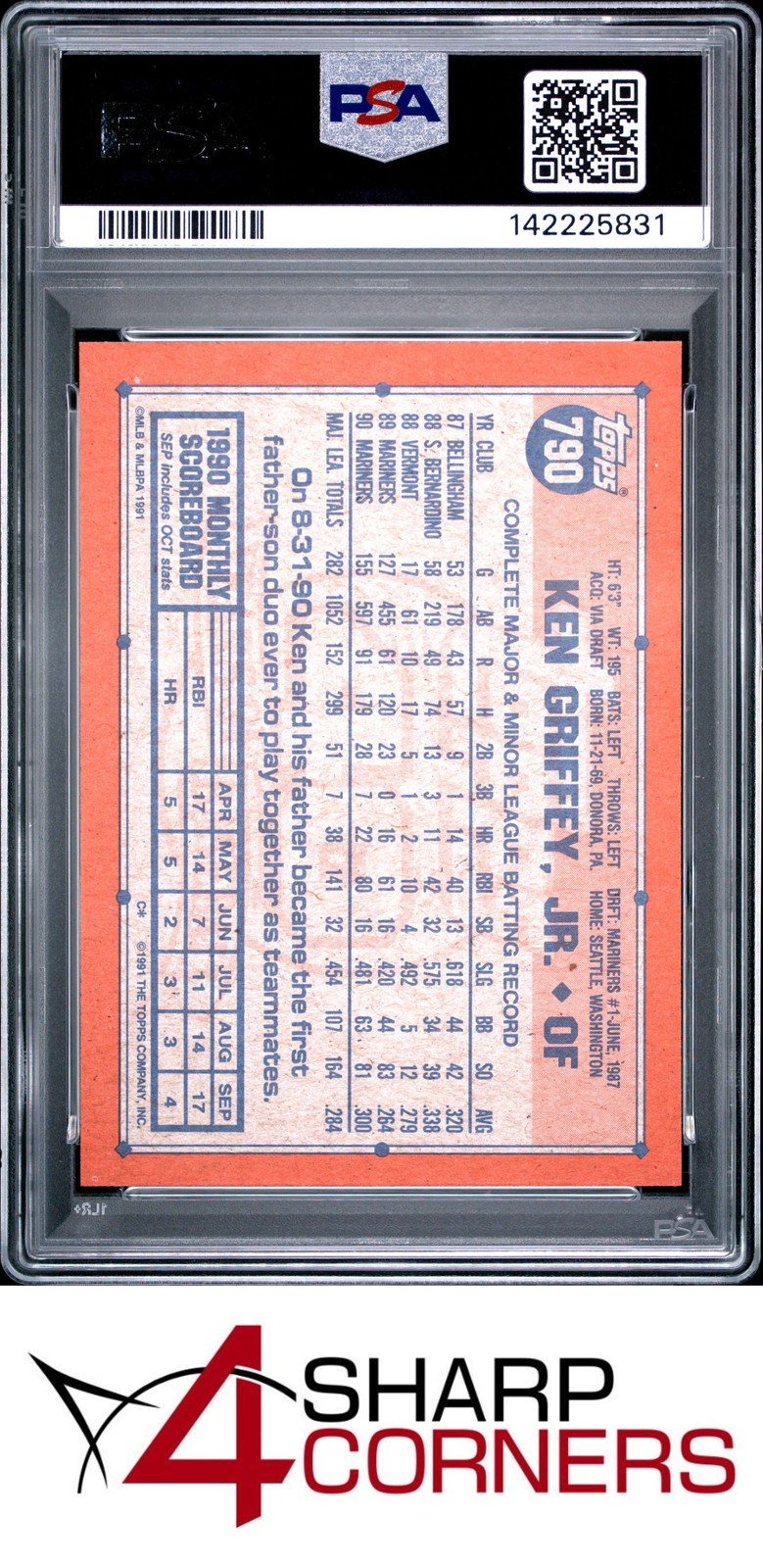 1991 TOPPS #790 KEN GRIFFEY JR. MARINERS HOF PSA 10 view 2