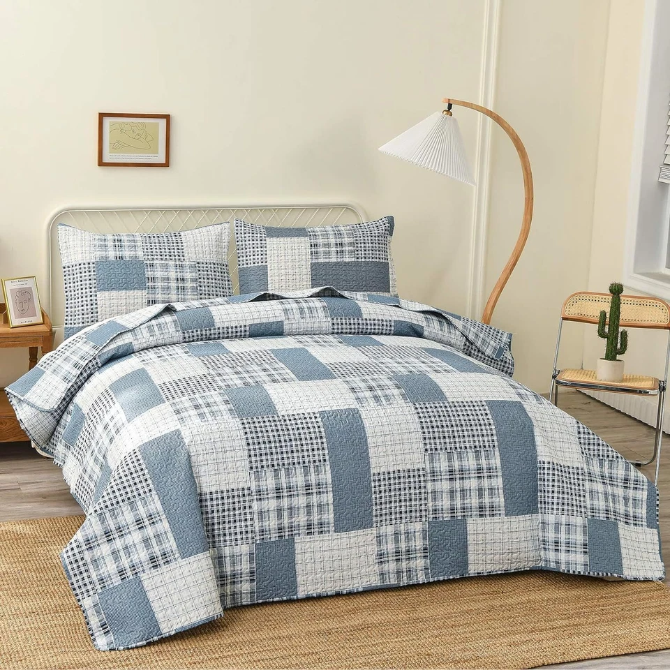 Edredones a Cuadros Azul Blanco Talla King Edredón Ligero Patchwork Suave Foto 2 de 4