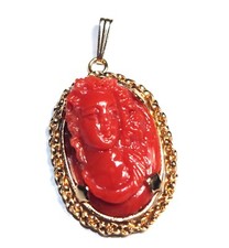 Antique Large 14K 12k GF Italian Red Coral Lady Carved Cameo Pendant Necklace