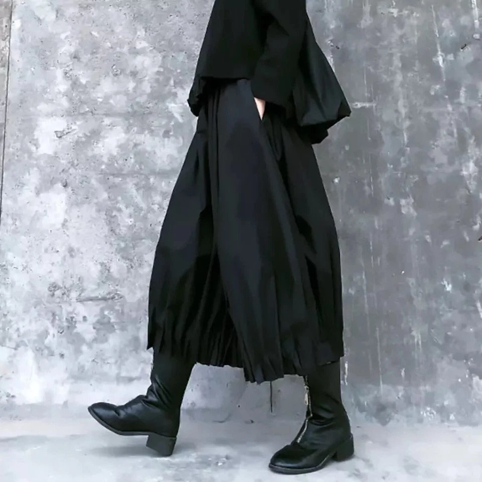 Pantalones Anchos Globo Plisado Cintura Negra Algodón Unisex Talla L Oscuro Iluminado