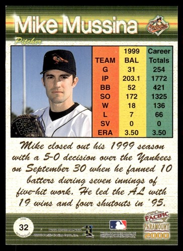 2000 Pacific Paramount Copper Mike Mussina Baltimore Orioles #32 - Picture 2 of 2