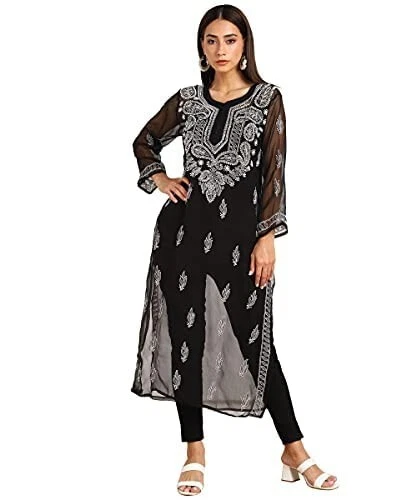 Buy Lucknawi Chikankari Black Kurta Sharara Multicolour Thread Chikan Work  Georgette Hand Work Embroidery Long Kurta Sharara Set Ethnic Wear Online in  India - Etsy