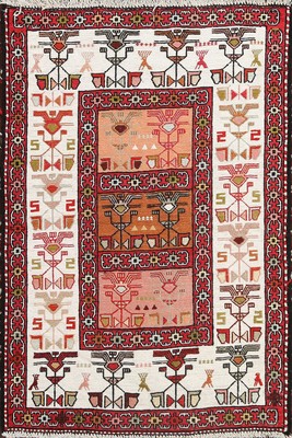 100% Silk IVORY Kilim-Sumak Tribal Area Rug Flat-Weave Geometric Oriental 3'x4'