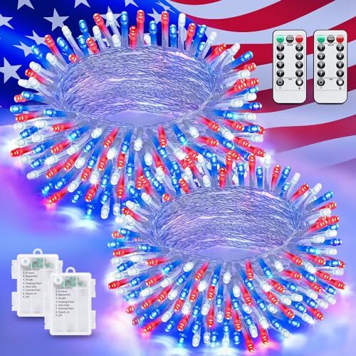 2 Pack Red White and Blue Lights Outdoor, 33ft 100 LED Red&White&Blue2