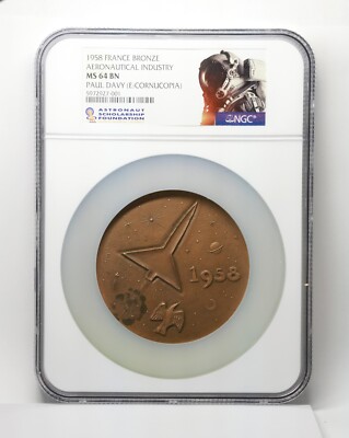 1958 SPACE MEDAL by Paul Davy France bronze Aerospace NGC rocket NASA moon